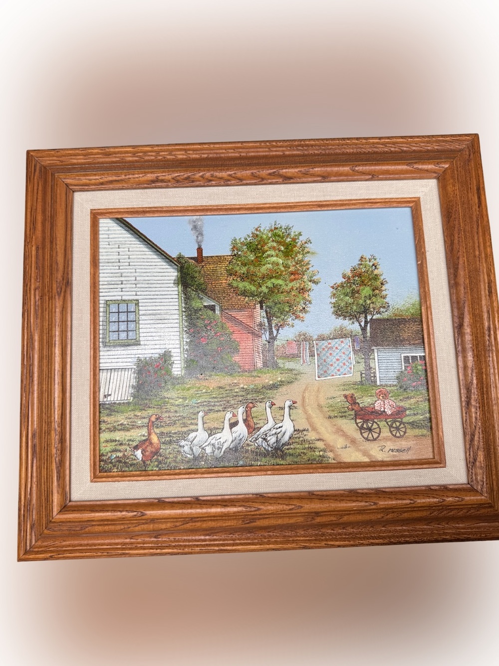 Framed Vintage Country Farmhouse Painting with Geese and Quilt - Signed R.Russel